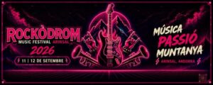 Cartel del Festival Rockòdrom en Arinsal con guitarra y montañas
