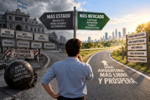 Hombre contemplando señales de dirección sobre economía en Argentina