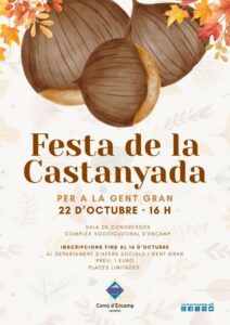 Cartel ilustrado de la Castanyada para mayores, con castañas y hojas otoñales.