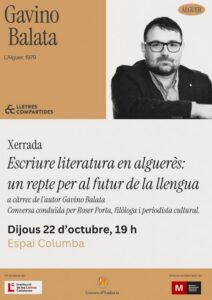 Cartel de charla sobre escribir literatura en alguerés, con retrato de Gavino Balata.