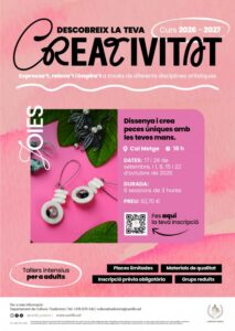 Cartel rosa anuncia un curso de creatividad para diseñar y crear joyas a mano.
