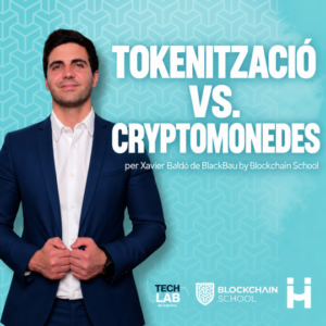 Cartel gráfico con el texto Tokenització vs. criptomonedes y la imagen de un hombre.