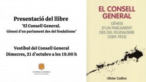 Cartel de la presentación de El Consell General junto a la portada del libro.
