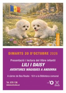Cartel ilustrado con dos perros blancos y anuncio de presentación de un libro infantil en Andorra.