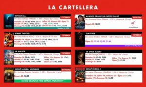 Cartelera cinematográfica en fondo rojo con títulos, horarios y fichas de películas.