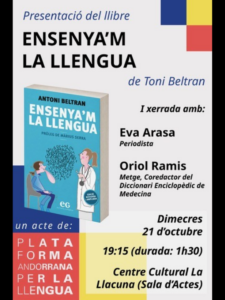Cartel de presentación del libro Ensenya’m la llengua, con participantes, fecha y lugar.
