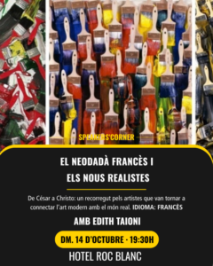 Cartel de conferencia sobre el neodadá francés con pinceles de colores