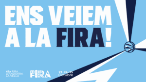 Cartel gráfico azul anuncia la Fira d’Andorra la Vella con un balón de baloncesto.