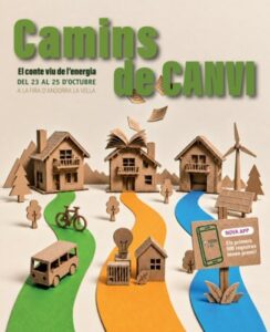 Ilustración de una ciudad sostenible en miniatura con casas, caminos, bicicleta y aerogeneradores