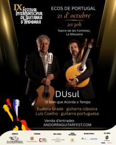 Cartel del concierto Ecos de Portugal con dos músicos sosteniendo guitarras.