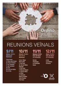 Cartel de reuniones vecinales de Ordino 2026 con manos alrededor de un puzle.